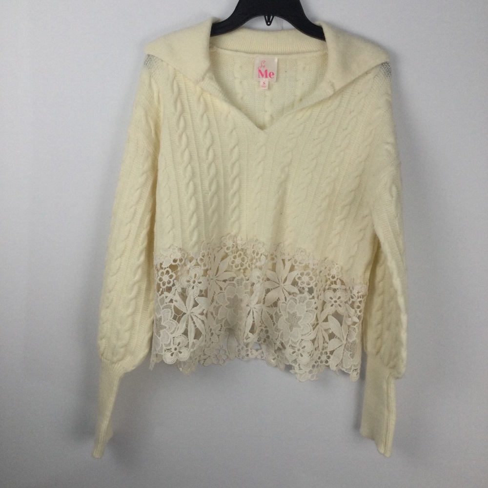 So Me Cream Cable Knit Sweater with‎ Lace Crochet Hem womens size S